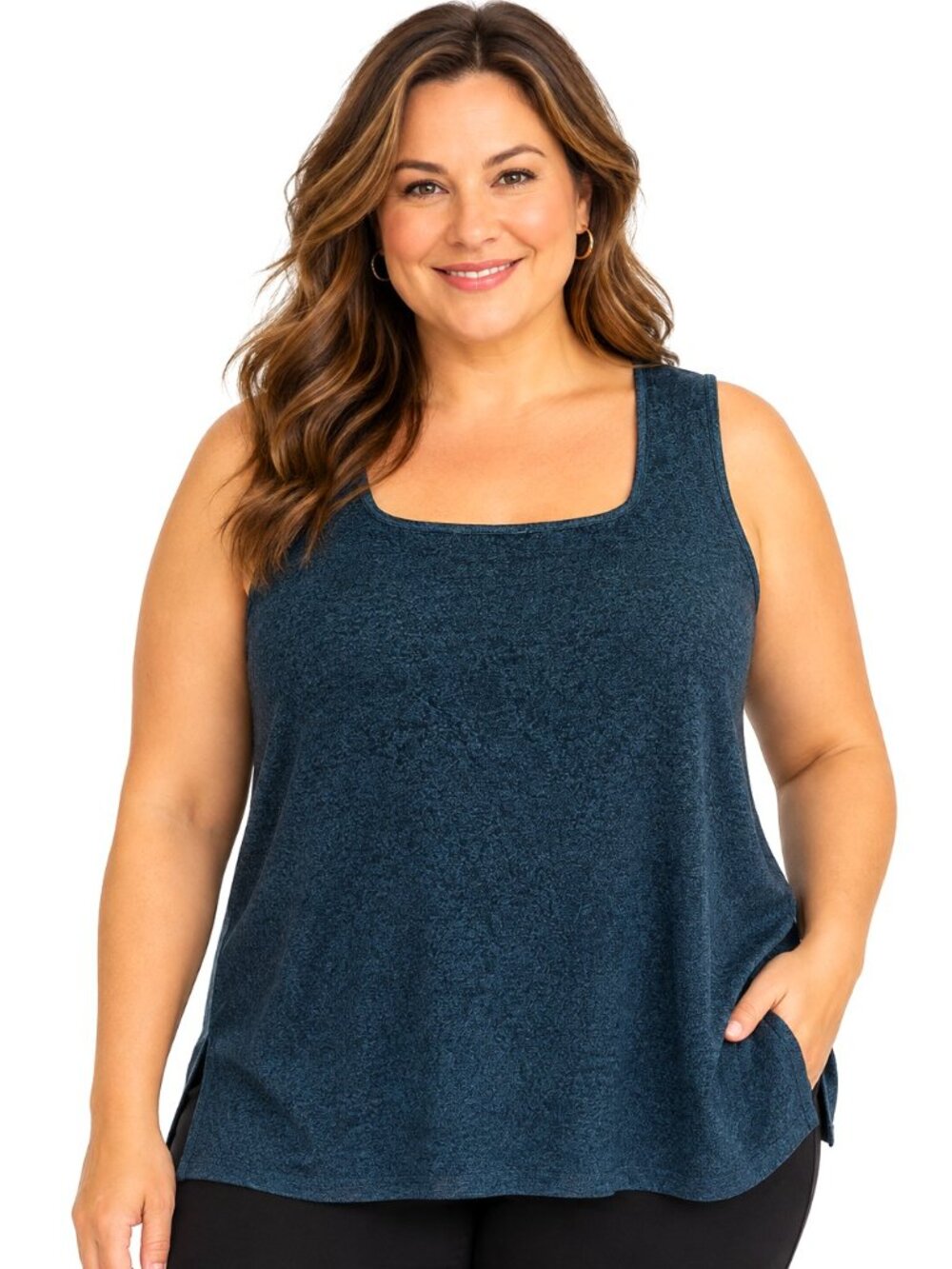 Misook Woman Teal Blue Black Sleeveless Knit Top